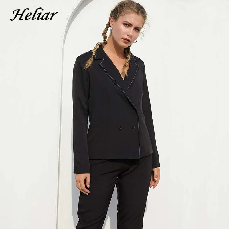 Heliar Black Double Breasted Buttons Jacket and Trousers Suits OL Two Pc Sets of Women two piece sets Coat pants 2019 Summer | Женская