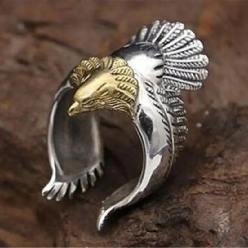 925 Silver Men Unique Big Rings Golden Eagle Head Vivid Open Ring for Rock Punk Animal Jewelry | Украшения и аксессуары