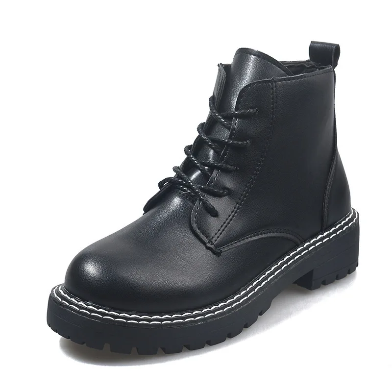 

Freeshipping 2019 winter thick platform wild locomotive booties tide black women shoes boots Round Toe Lace-Up PU Solid