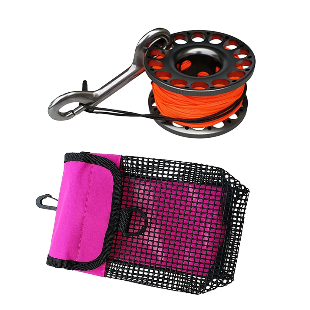 Scuba Diving Finger Spool Reel with 30m Guide Line Ended Bolt Clip + SMB Reel Surface Marker Buoy Holder Carry Mesh Bag Pocket Scuba Diving Finger Spool Reel with 30m Guide Line Ended Bolt Clip + SMB Reel Surface Marker Buoy Holder Carry Mesh Bag Pocket