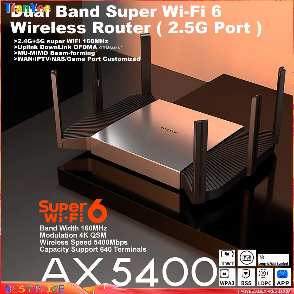 T P - Link AX5400 WiFi6 Router MESH 2,4 + 5G DuaL Band Wireless + 2. Флейта (2500 Мбит/с) SFP Port + x4 * Gbps Ethernet port 5G Turbo
T P - Link AX5400 WiFi6 Router MESH 2,4 + 5G DuaL Band Wireless + 2. Флейта (2500 Мбит/с) SFP Port + x4 * Gbps Ethernet port 5G Turbo