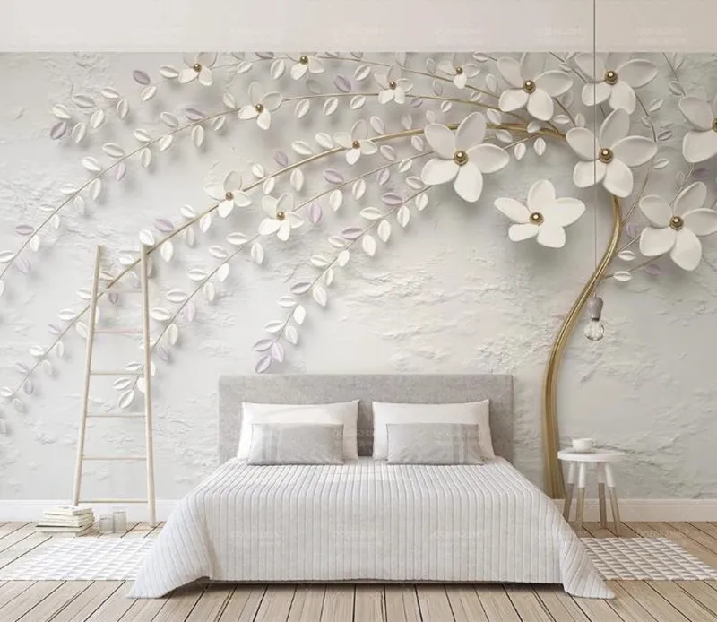 Custom Any Size Murals Wallpaper 3D stereo relief white flower branch Wall Painting Living Room TV Sofa Bedroom Backdrop | Обустройство