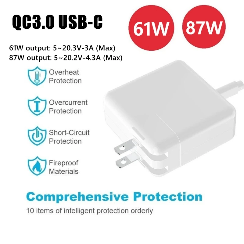 100-240V TYPE-C USB-C Charge Power Adapter 61W 87W PD2.0/QC3.0 Fast Charger Intelligent IC Chip For MacBook Pro/Air with Cable
100-240V TYPE-C USB-C Charge Power Adapter 61W 87W PD2.0/QC3.0 Fast Charger Intelligent IC Chip For MacBook Pro/Air with Cable