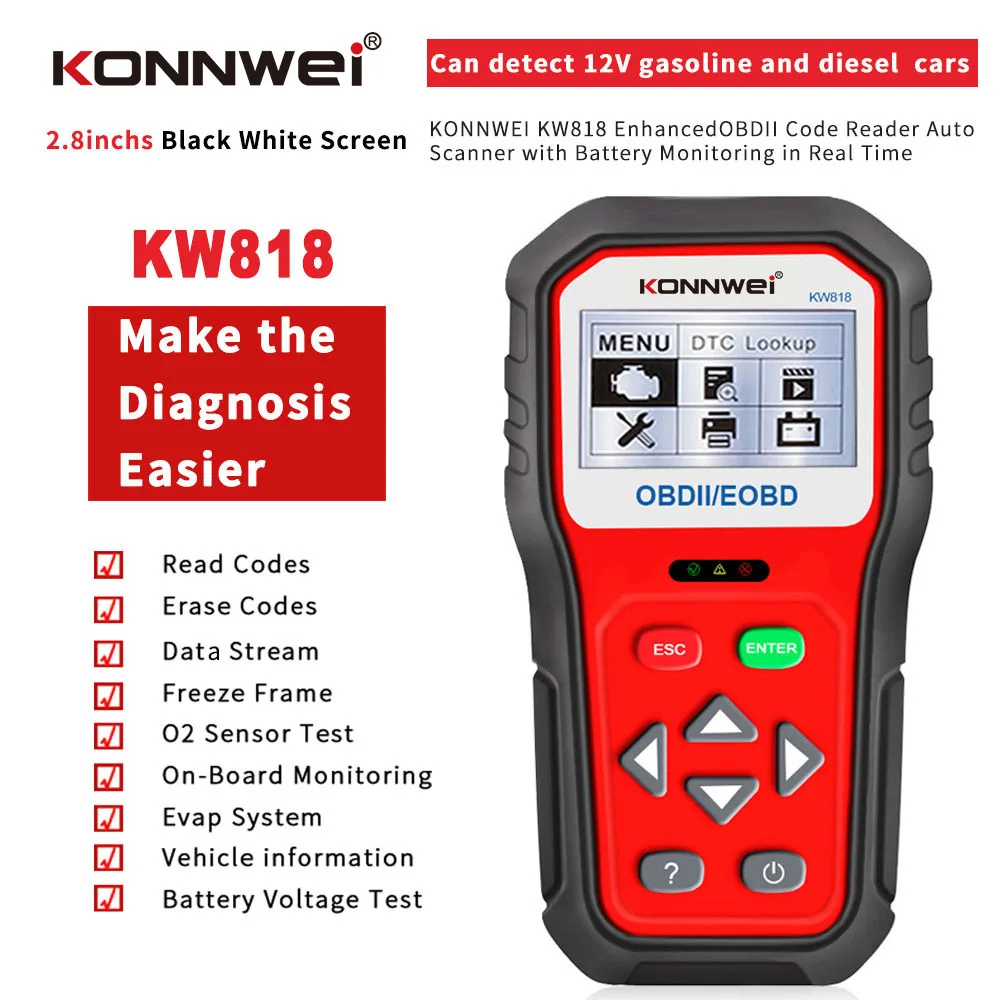 Новая обновленная версия KONNWEI KW818 диагностический сканер неисправностей автомобиля
Новая обновленная версия KONNWEI KW818 диагностический сканер неисправностей автомобиля