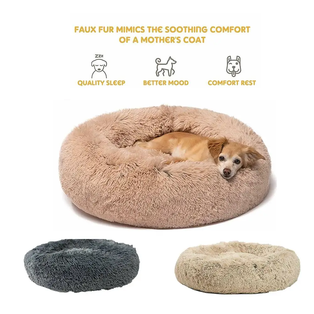 

Pet Dog Cat Calming Bed Round Nest Warm Soft Plush Comfortable Shag Vegan Fur Donut For Sleeping Winter