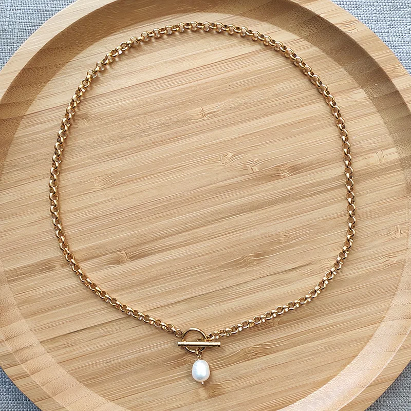 

Fashion simple freshwater pearl pendant necklace stainless steel round chain high quality never fade jewelry ladies party bijoux