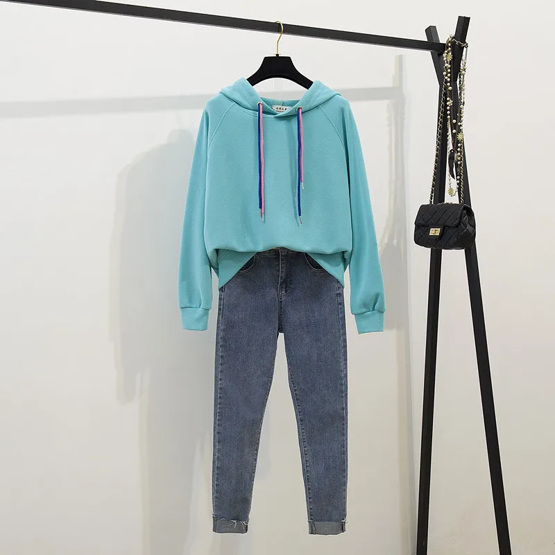 2019 Autumn Korean Style Women Long Sleeves Hooded Tops + Slim Denim Pants 2 pcs Sets Female Fashion Suits A1836
2019 Autumn Korean Style Women Long Sleeves Hooded Tops + Slim Denim Pants 2 pcs Sets Female Fashion Suits A1836