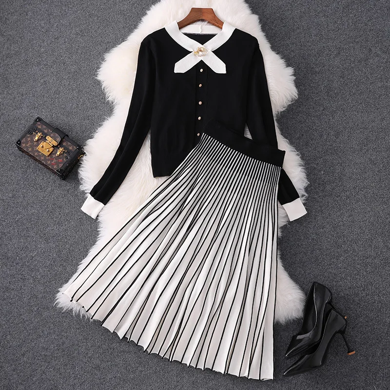 Asian Design Women Autumn Spring Knit Two Pieces Sets Sweater Elastic Pleated Skirt Black Slim Suits Quality Outfits
Asian Design Women Autumn Spring Knit Two Pieces Sets Sweater Elastic Pleated Skirt Black Slim Suits Quality Outfits