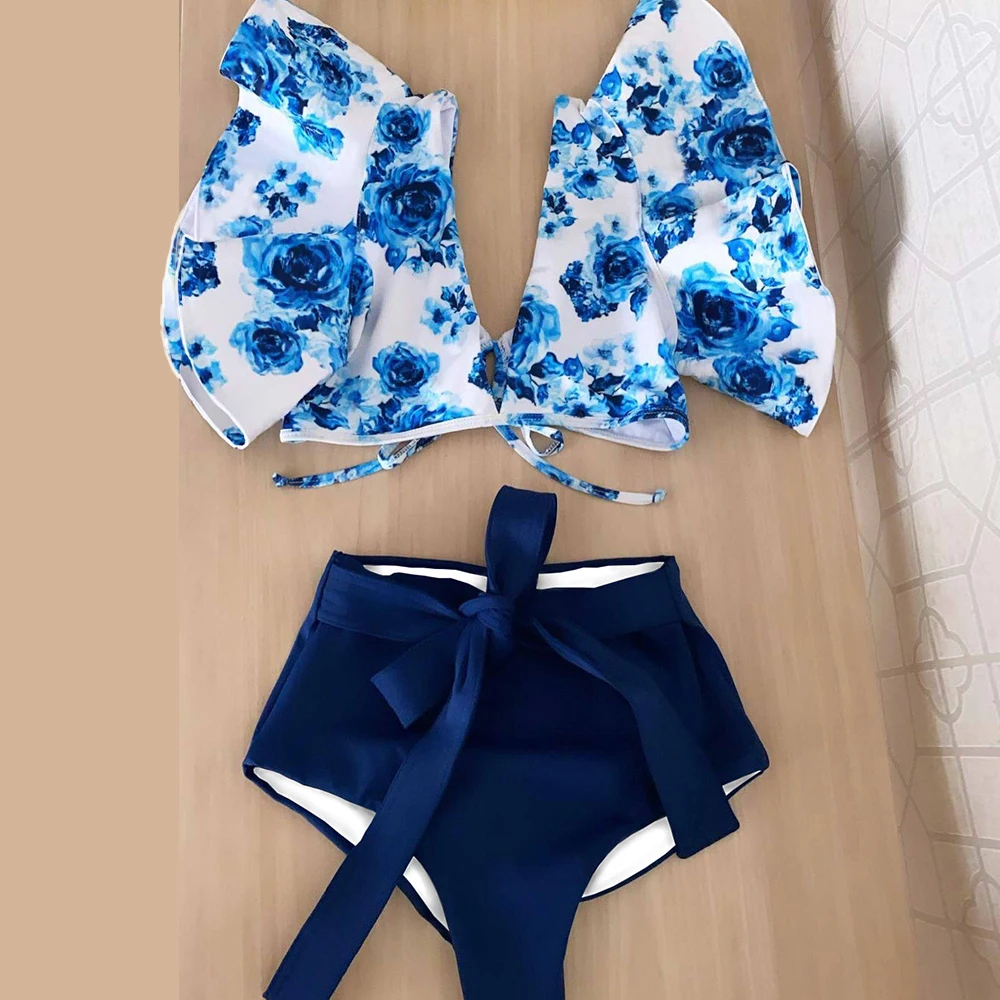 2021 New Sexy High Waist Ruffled Bikini Set Flounce Swimwear Women Swimsuit Floral Strappy