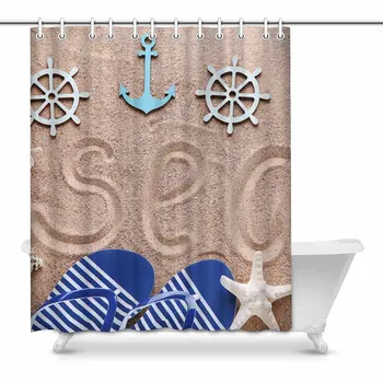 Flip Flop on Beach Sand with Nautical Anchor and Star Fish Waterproof Shower Curtain Decor Fabric Bathroom Set with Hooks, 
Flip Flop on Beach Sand with Nautical Anchor and Star Fish Waterproof Shower Curtain Decor Fabric Bathroom Set with Hooks,