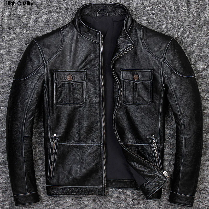 2020 New Stand Collar Edging Craft Motorcycle Leather Jacket Men Cow Leather Slim Fit Vintage Genuine Leather Coat
2020 New Stand Collar Edging Craft Motorcycle Leather Jacket Men Cow Leather Slim Fit Vintage Genuine Leather Coat
