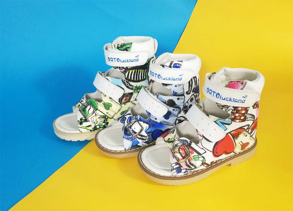 Kids Leather Orthopedic Opentoe Sandals Four Styles for Summer Army Red Animal Printing Arch Support Flatfoot Sandals for Kids