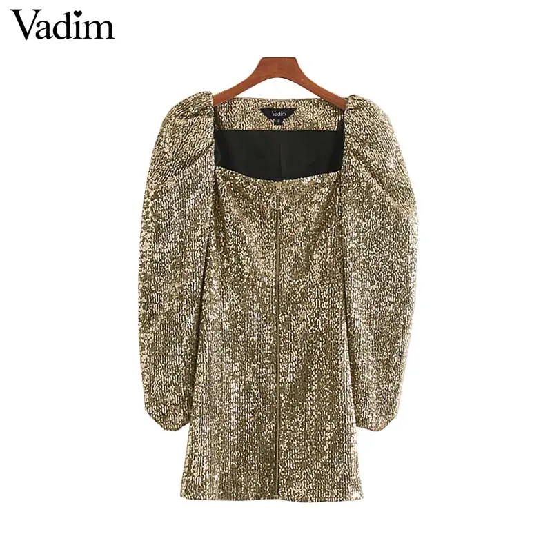 Vadim women square collar sequined shinny dress puff sleeve front zipper female fashion stylish mini dresses vestidos QD092
Vadim women square collar sequined shinny dress puff sleeve front zipper female fashion stylish mini dresses vestidos QD092