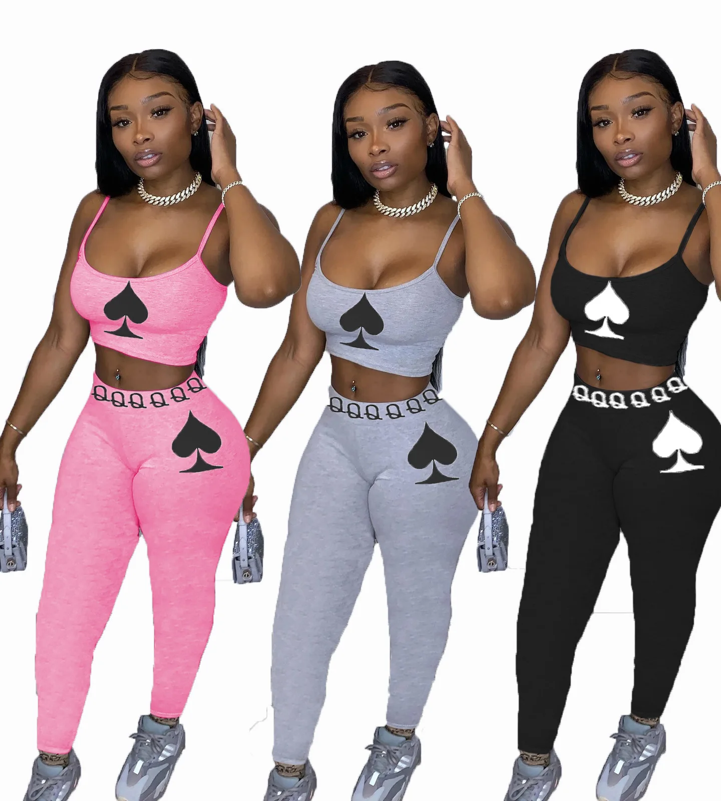 Two Piece Set Women Summer Tracksuit Spade Printing Spaghetti Straps Low-Cut Tank Top High-Waist Close-Fitting Pants for Girls
Two Piece Set Women Summer Tracksuit Spade Printing Spaghetti Straps Low-Cut Tank Top High-Waist Close-Fitting Pants for Girls