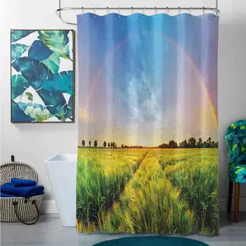 Shower Curtains Fabric Black and White Rustic,Rainbow in Sky Over Wheat Field at Sunset Natural Paradise Rural Life
Shower Curtains Fabric Black and White Rustic,Rainbow in Sky Over Wheat Field at Sunset Natural Paradise Rural Life