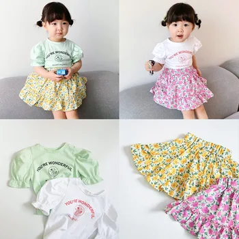 

Baby Girls Summer Floral Clothes 2020 Kids Puff Sleeve Clothes Gir Letters Tshirt X Skirt Kid Casual Clothing Sets For 80-140cm
