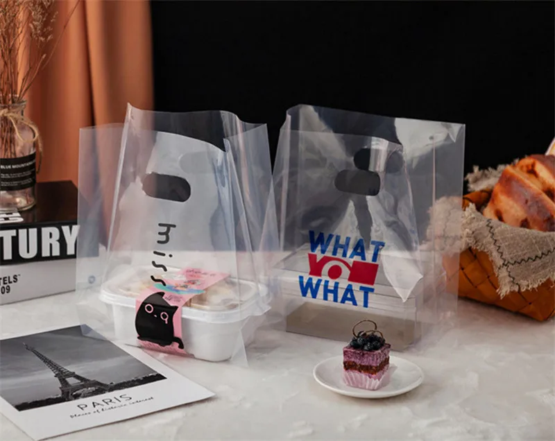 Tanio 50 sztuk przeźroczyste tworzywo sztuczne torba z uchwytem jedzenie sklep