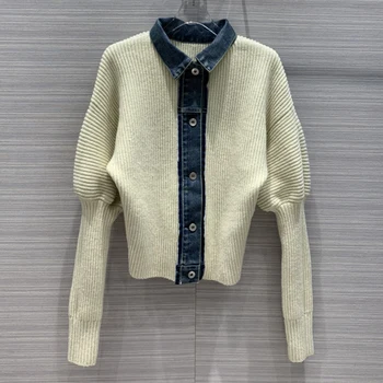Brand fashion women's high-end luxury autumn vintage denim stitching knitted sweater
Brand fashion women's high-end luxury autumn vintage denim stitching knitted sweater