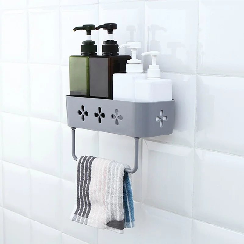 

Shower Soap Drain Basket with Towel Hanger Hanging Shelf Wall Mounted Sundries Storage Rack Kitchen Bathroom Organizer Gadgets