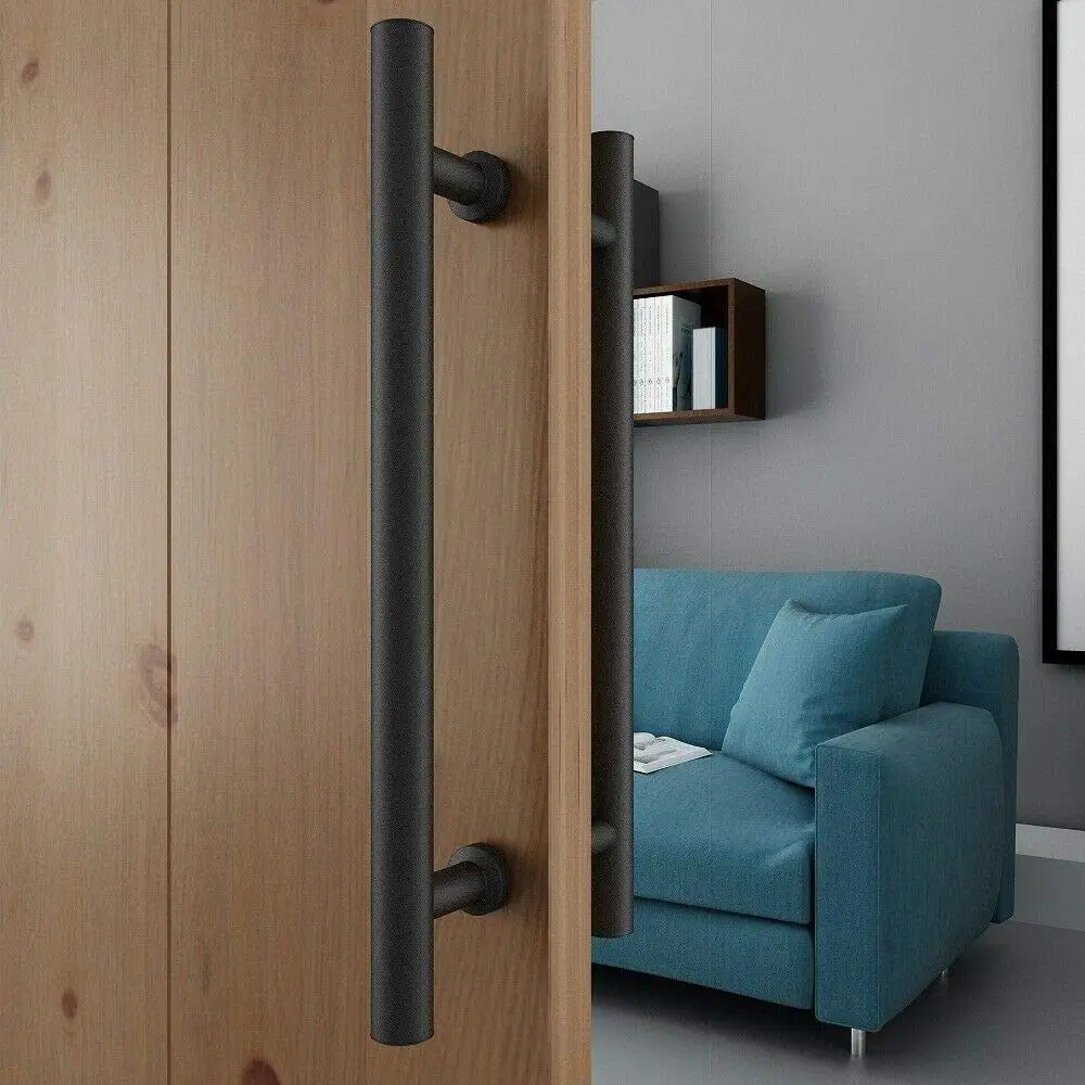 15 13/16 inches Rough Finish Matte Black Stainless Steel Pipe Handle Pull Set for Sliding Barn Door