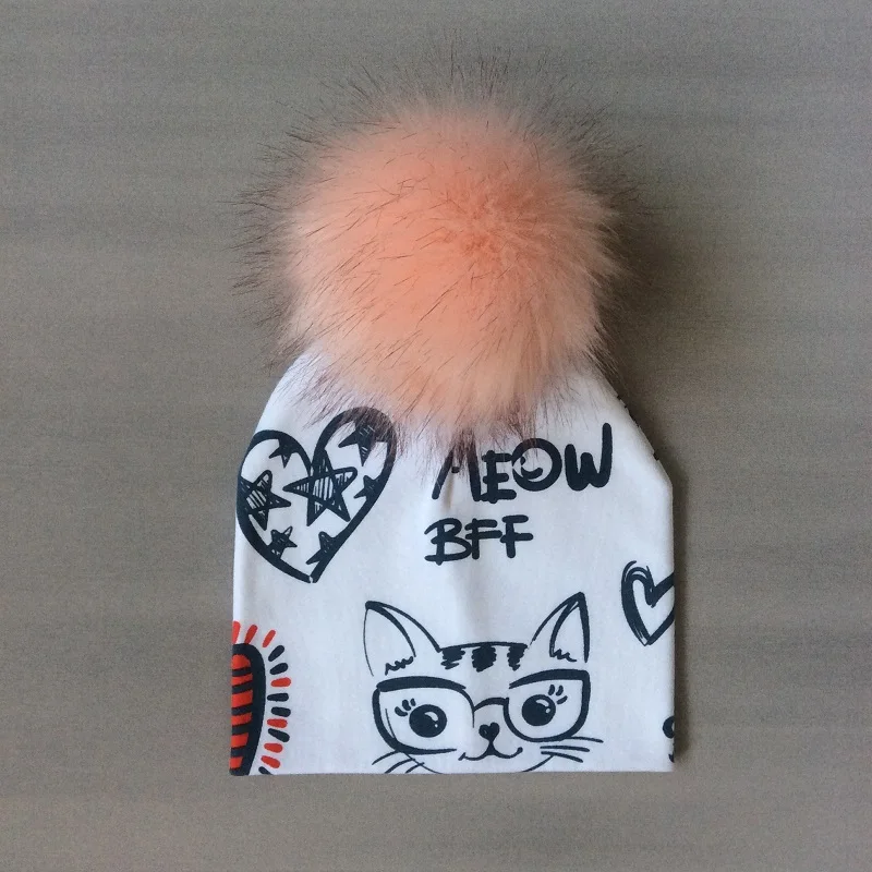 Kids Girls Hats Cat Printing Cotton Pompom Hat For Girls Winter Children Caps Faux Fur Baby Hat Bonnet Kids Girls Hats Cat Printing Cotton Pompom Hat For Girls Winter Children Caps Faux Fur Baby Hat Bonnet