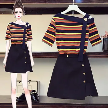 HAMALIEL Sweet New Plus Size Color Striped Knitted One Shoulder Metal Button Tops Two Piece Set And Ruffles Mini Skirt Set L-4XL
HAMALIEL Sweet New Plus Size Color Striped Knitted One Shoulder Metal Button Tops Two Piece Set And Ruffles Mini Skirt Set L-4XL