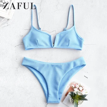 

ZAFUL Women Ribbed V Cut Bikini Set Solid Color Cami Bikinis Spaghetti Straps Two Pieces Swimsuits Padded Ladies Swimwear 2020