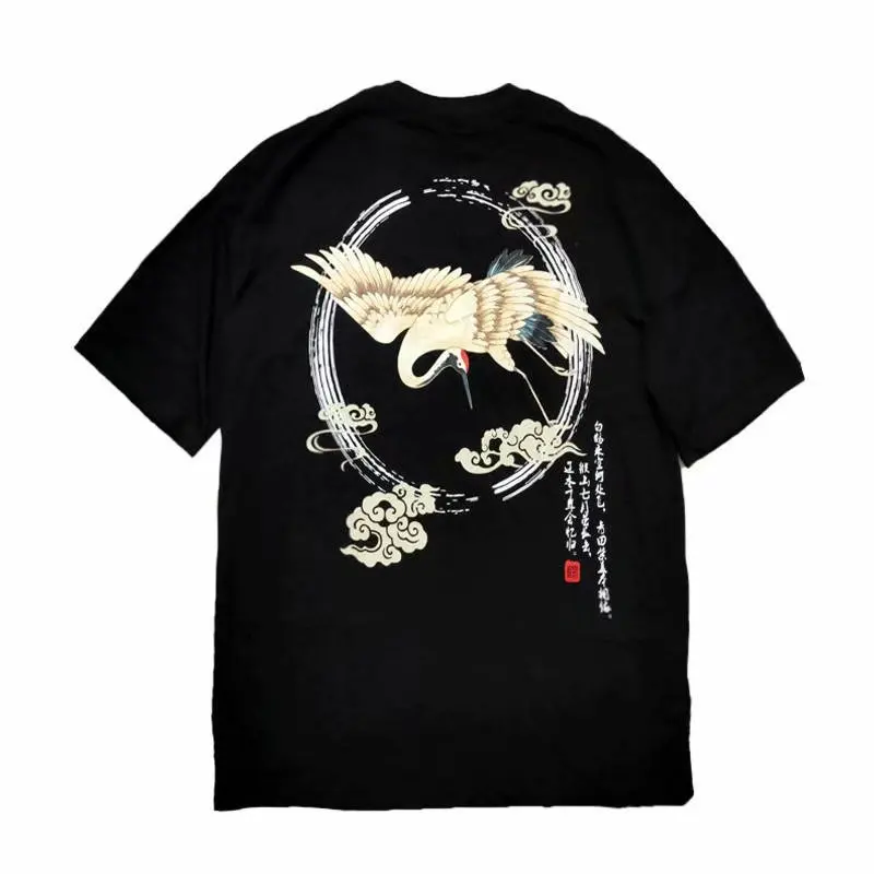 

Japanese fashion product crane Ukiyo-e short sleeve T-shirt hip hop punk style men's summer Chinese fashion country tide