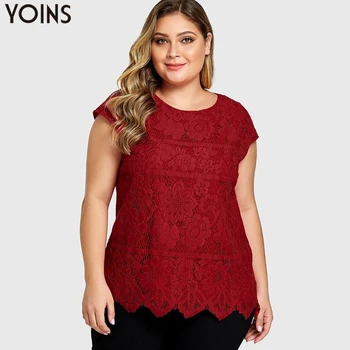 

YOINS 2020 Summer Tiered Lace Round Neck Short Sleeve Curved Hem Blouses Elegant Shirt Women Plus Size Tank Tops Casual Tunic