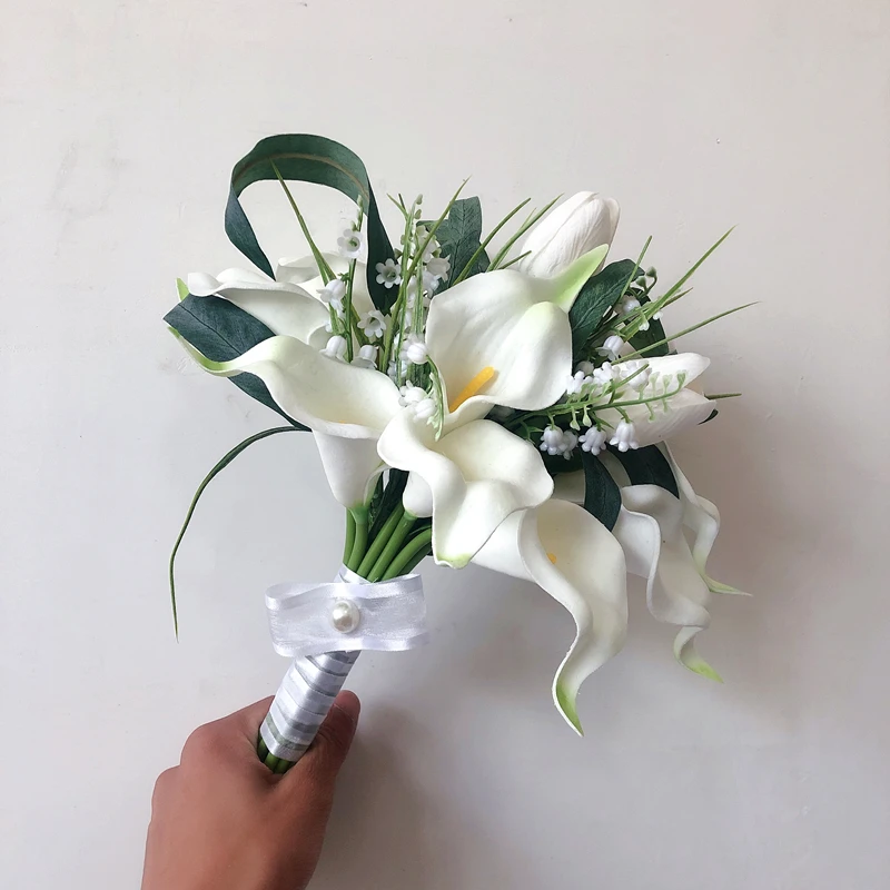 

Bridal Bouquet Fleur Artificielle Real Touch PU White Calla Lily Bridesmaid Flower Girl Marriage Deco Small Wedding Bouquet