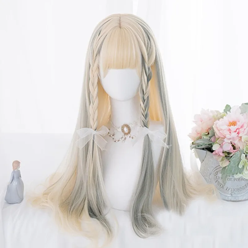 

Cosplaysalon 67CM Blonde Mixed Ash Blue Ombre Long Wavy Bangs Cute Halloween Synthetic Hair Women Cosplay Wig
