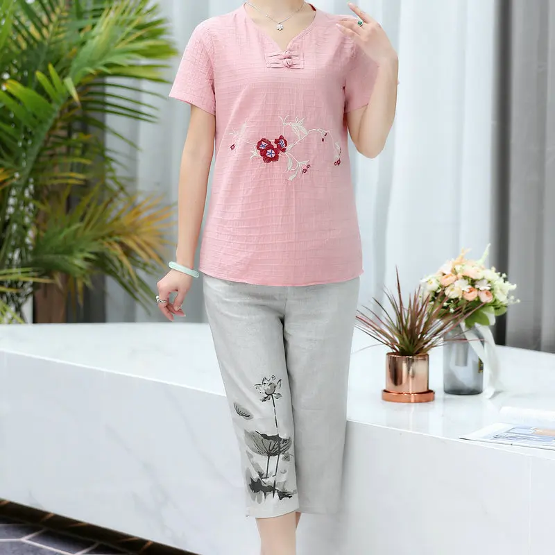 

Summer Women Casual Cotton Linen Top And Cropped Pant 2 Pieces Suits Sets Flower Embroidery Blouse And Crop Trouser Set Twinset