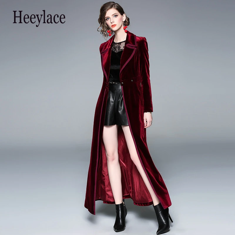 

2019 Autumn winter Burgundy Velvet X-long Overcoat Women's Notched Collar Outwear Vintage Ankle Length Thick Maxi Trench Coat