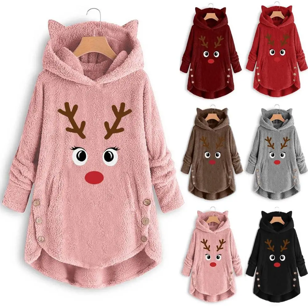 Elk Print Winter Fashion Women Cat Ears Hooded Oversized Long Sleeve Button Sweaters Warm Pullover Christmas Casual Top Harajuku
Elk Print Winter Fashion Women Cat Ears Hooded Oversized Long Sleeve Button Sweaters Warm Pullover Christmas Casual Top Harajuku