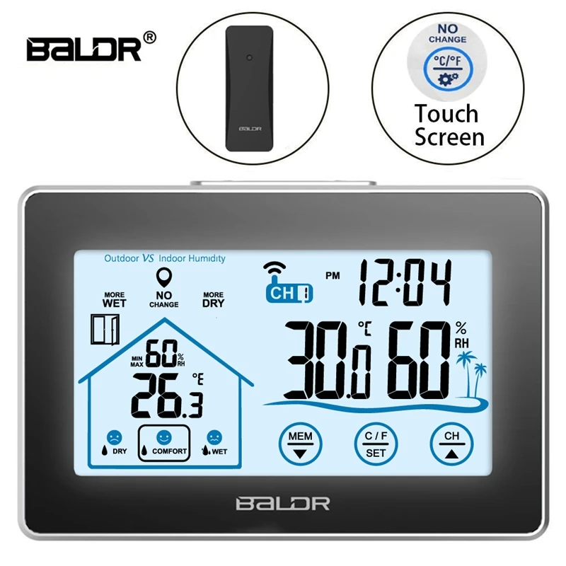 Baldr Wireless Weather Station Touch LCD Screen Thermometer Hygrometer Indoor Outdoor Forecast Sensor Calendar Indicator 3 CH |