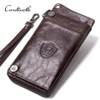 CONTACTS Mens Wallet Genuine Leather Clutch Man Walet Brand Luxury Male Purse Long Wallets Zip Coin Purse 6.5