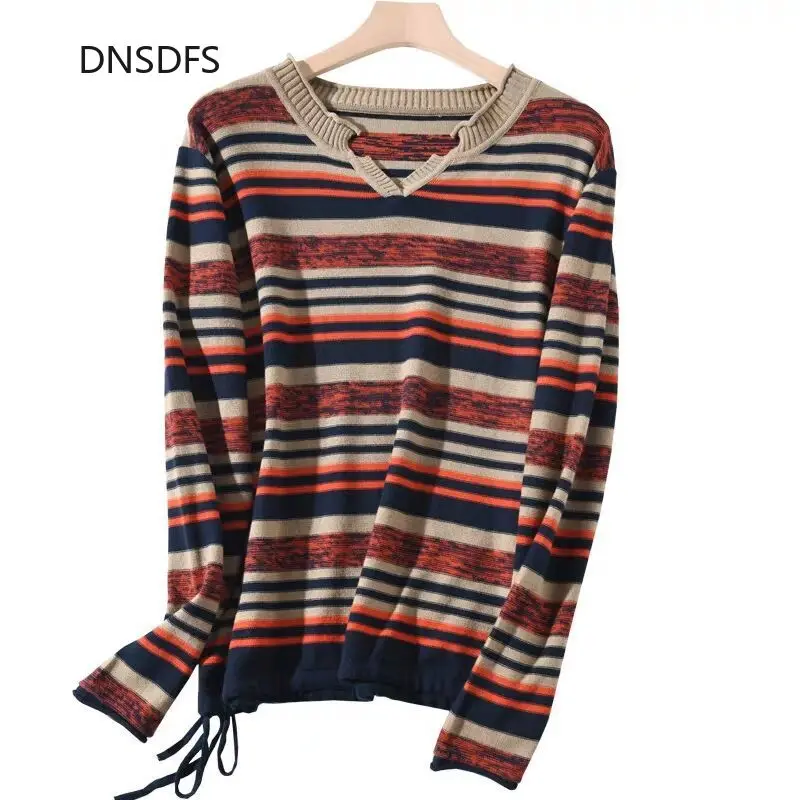Осенне-зимние свитера в полоску с V-образным вырезом топ джемперы длинным рукавом