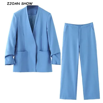2019 New Autumn No button V neck Ruched Cuff Blazer Blue High Waist Small Straight Pants Long Sleeve OL Suits Women 2 Pieces Set
2019 New Autumn No button V neck Ruched Cuff Blazer Blue High Waist Small Straight Pants Long Sleeve OL Suits Women 2 Pieces Set