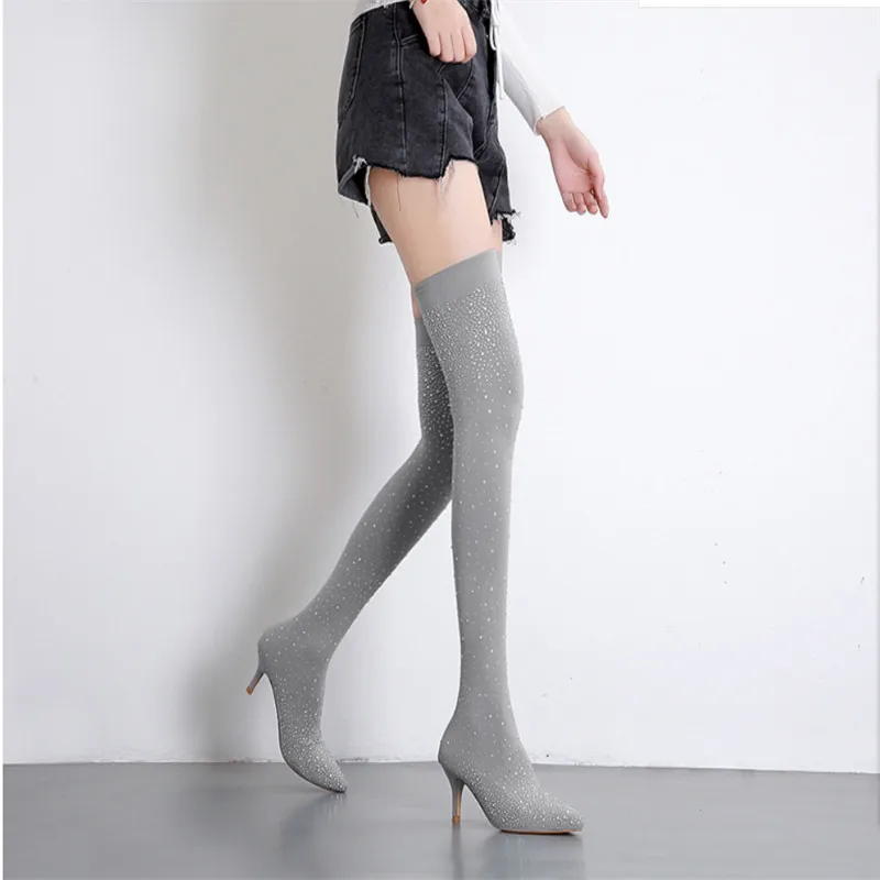 

Fashion Runway Crystal Stretch Fabric Sock Boots Pointy Toe Over-the-Knee Heel Thigh High Pointed Toe Woman Boots Bottes Femme