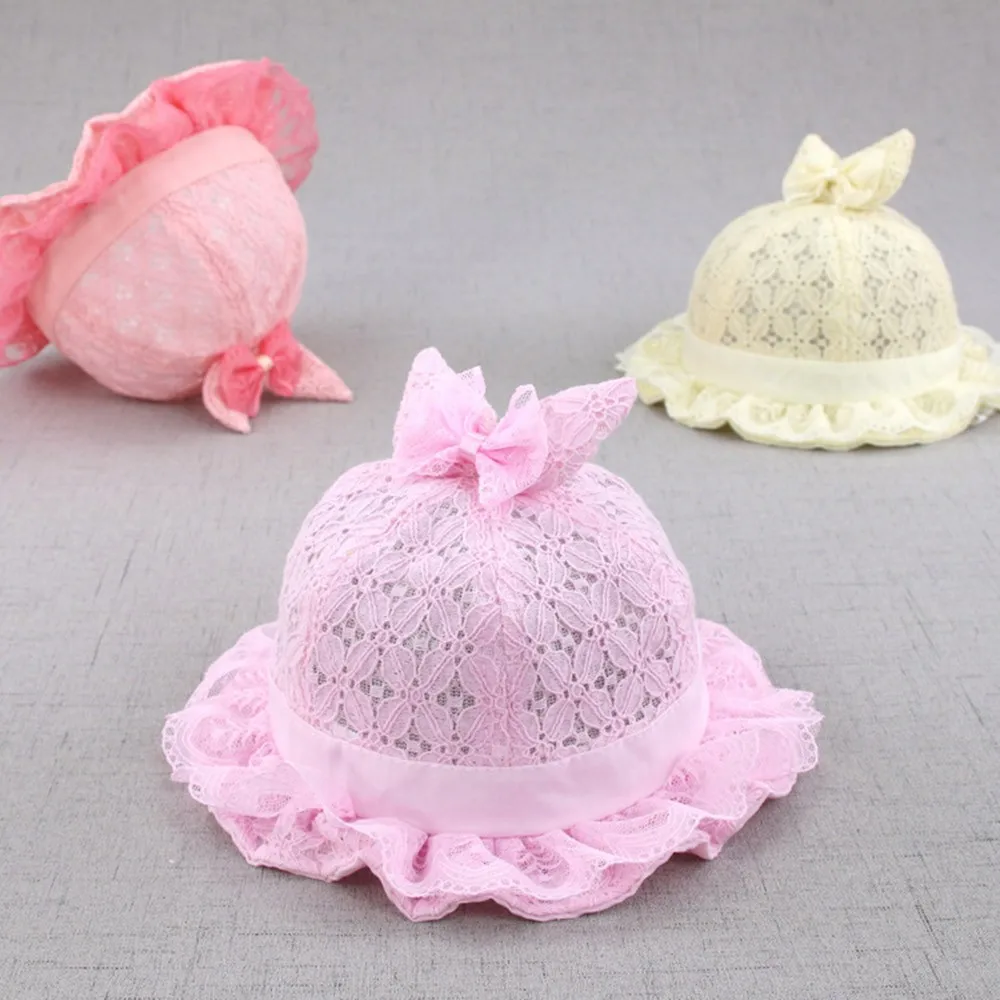 Flower Baby Princess Hat Lace Rabbit Ear Hollow Infant Kids Beach Bucket Hats Toddler Girls Sun Hats Children Trip Caps