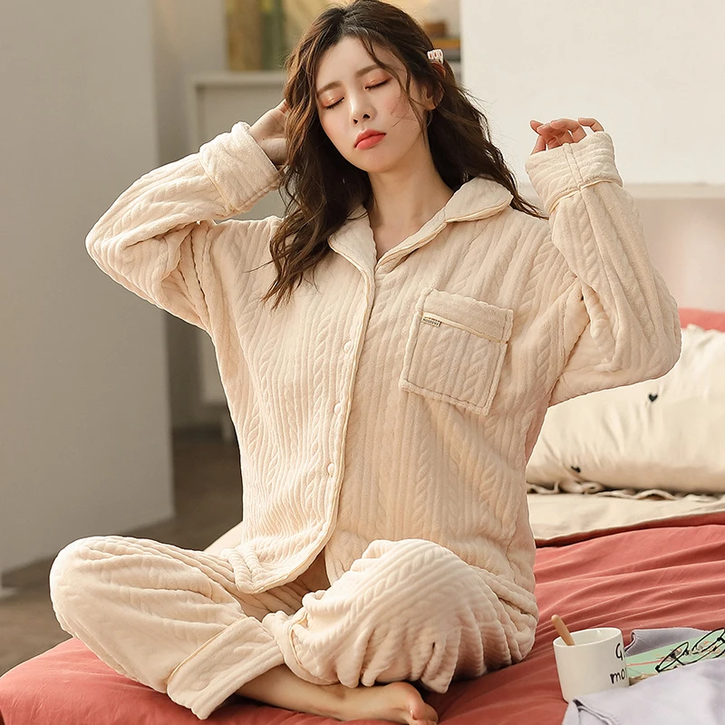

Big Yards M-3XL Winter Thickened Pajamas Women Solid Color Flannel Pyjamas Home Furnishing Suit Coral Velvet Leisure Home Wear