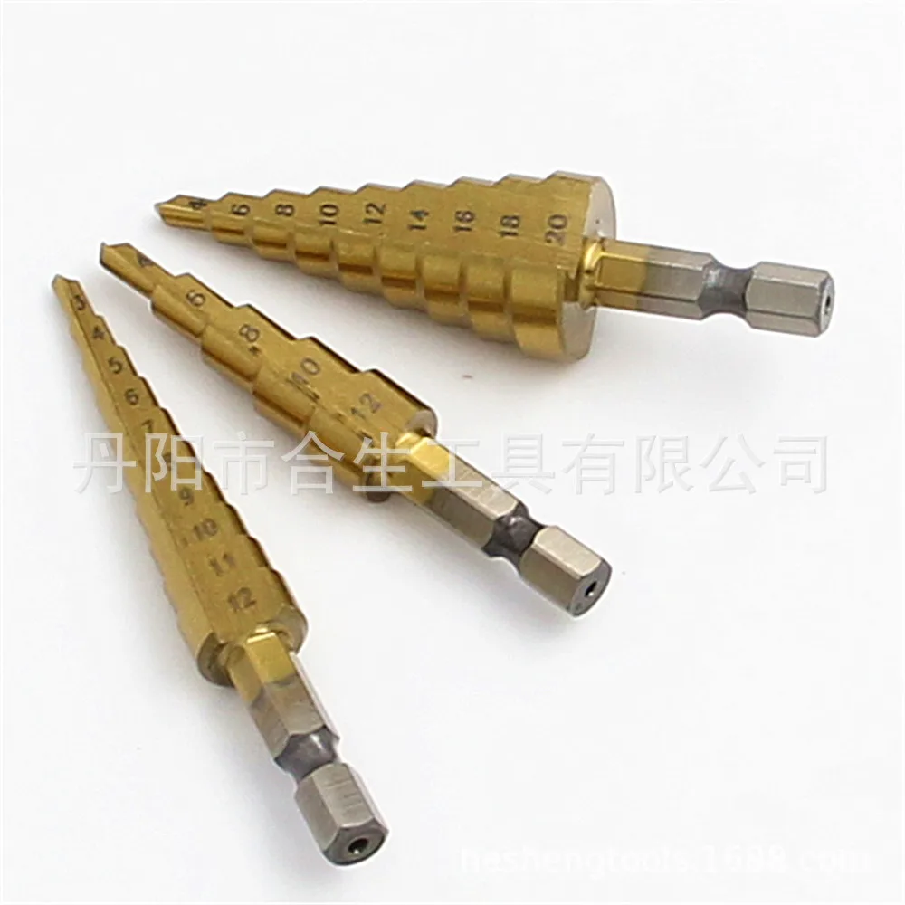 Cross Border Hexagonal Shank Titanium Step Drill 3-12/4-12/4-20mm Small Three-piece Set Pagoda Drilling Bit Set
Cross Border Hexagonal Shank Titanium Step Drill 3-12/4-12/4-20mm Small Three-piece Set Pagoda Drilling Bit Set
