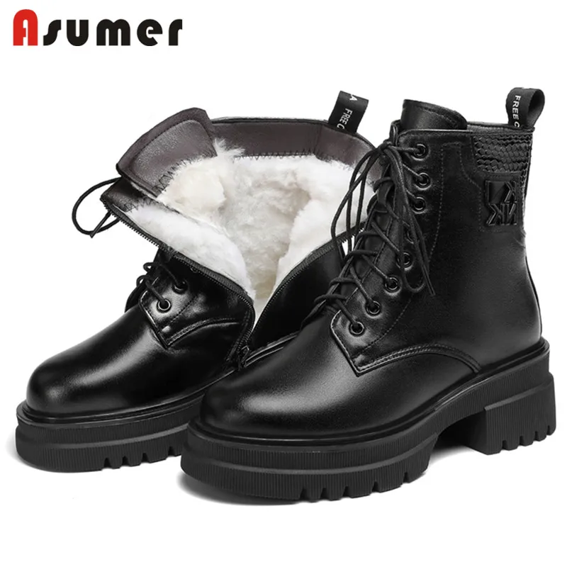 

ASUMER 2022 Black Genuine Leather Boots Women Wool Snow Boots Cross Tied Zip Thick Bottom Casual Shoes Women Ankle Boots