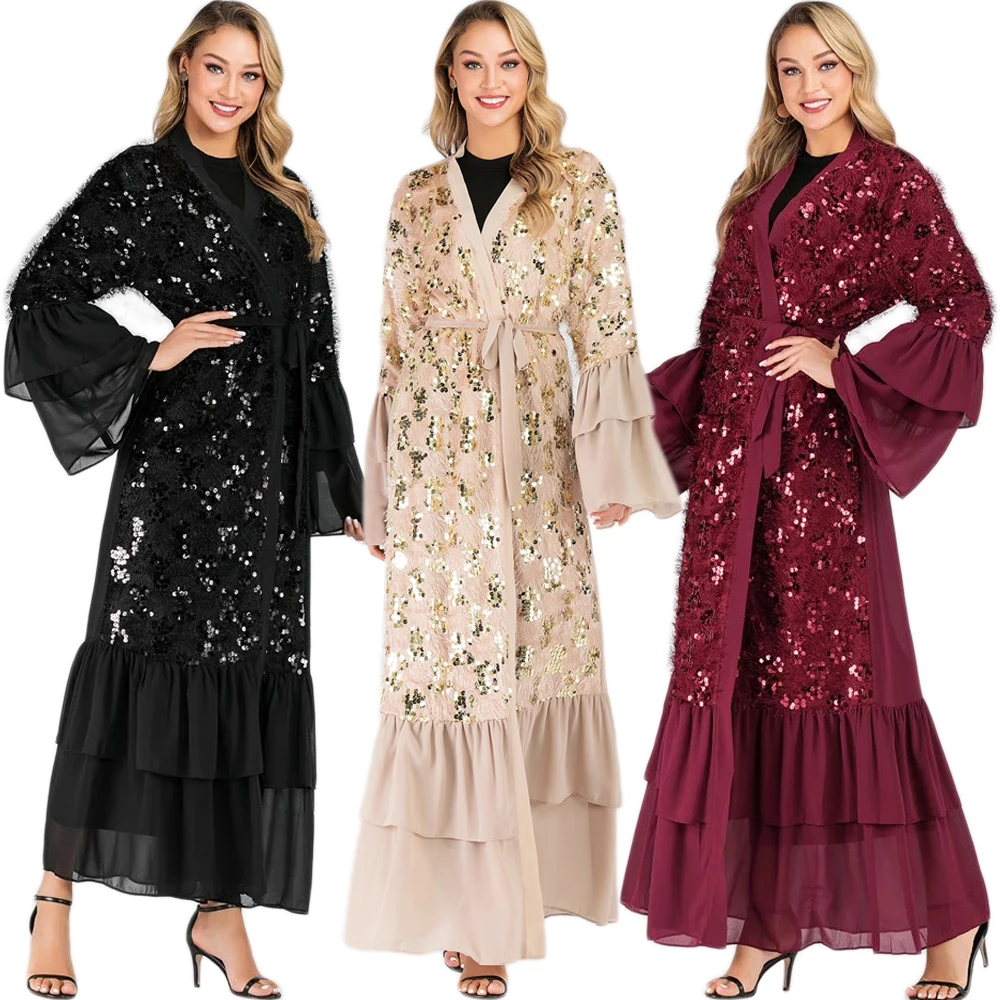 Рамадан Sequin женское кимоно абайя с длинным рукавом мусульманский кардиган