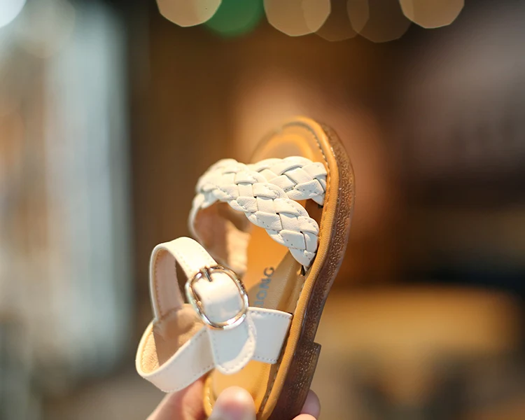 11.5-15.5cm Knitting Girls Sandals Soft Cow Muscle Sole Baby Summer First Walkers Simple Black Pink Beige Dress Shoes Flats 0-3Y