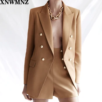 

Za women buttoned blazer Long sleeve blazer lapel collar defined shoulders flap pockets vent double-breasted metal button camel