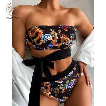 Peachtan Bandeau bikini 2020 High waist swimsuit women Bandage swimwear Dragon printed bathing suit Knot swim suit female new
Peachtan Bandeau bikini 2020 High waist swimsuit women Bandage swimwear Dragon printed bathing suit Knot swim suit female new
