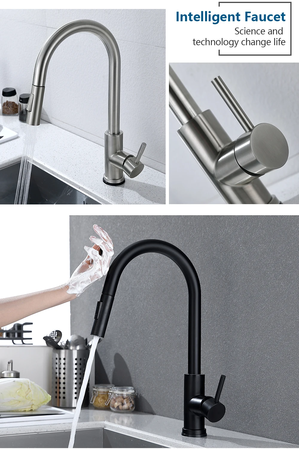 Smart Touch Kitchen Faucets Crane Hot and cold sink faucet Sensor Kitchen Mixer Tap Pull Out Brass Faucet