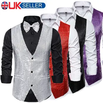 

2019 Men Shiny Sequin Glitter Embellished Blazer Jacket Vests With Bow Tie Nightclub Evening Party Suits