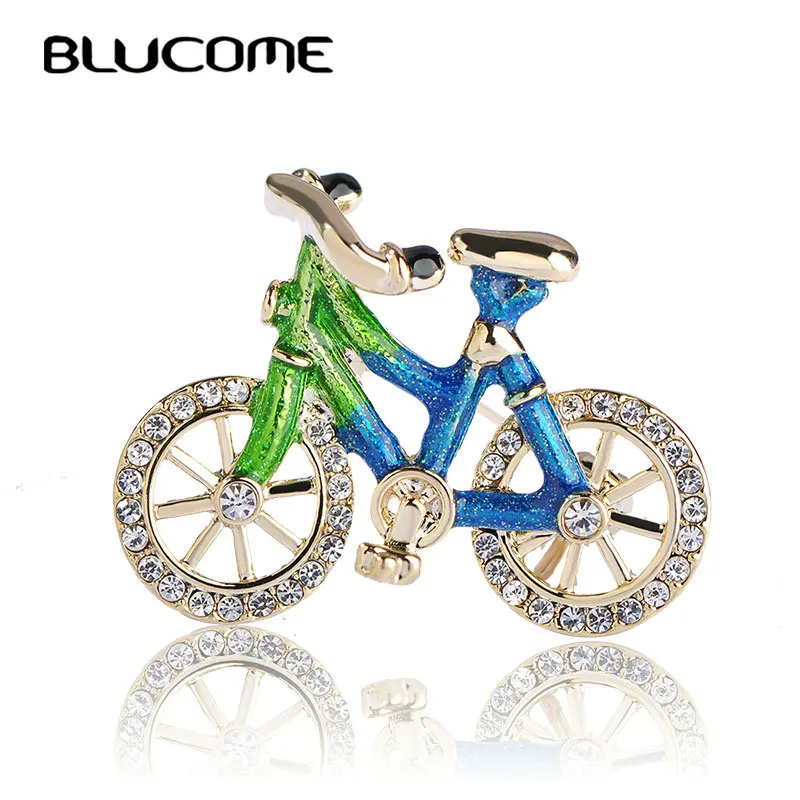 

Blucome Fashion Blue Enamel Crystal Bike Brooch Gold Color Bicycle Corsage Women Men Kids Brooches Pins For Suit Scarf Sweater